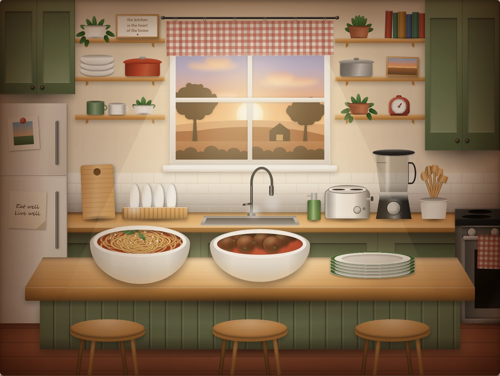 Stay for Dinner - an interactive CSS art kitchen at dusk
